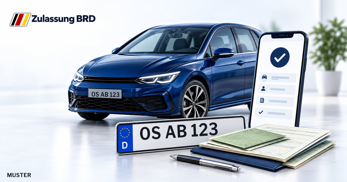 Online Fahrzeugzulassung in Bad Essen: Musterkennzeichen OS AB 123, Auto und Fahrzeugpapiere und Smartphone. Illustration mit Logo von Zulassung BRD.